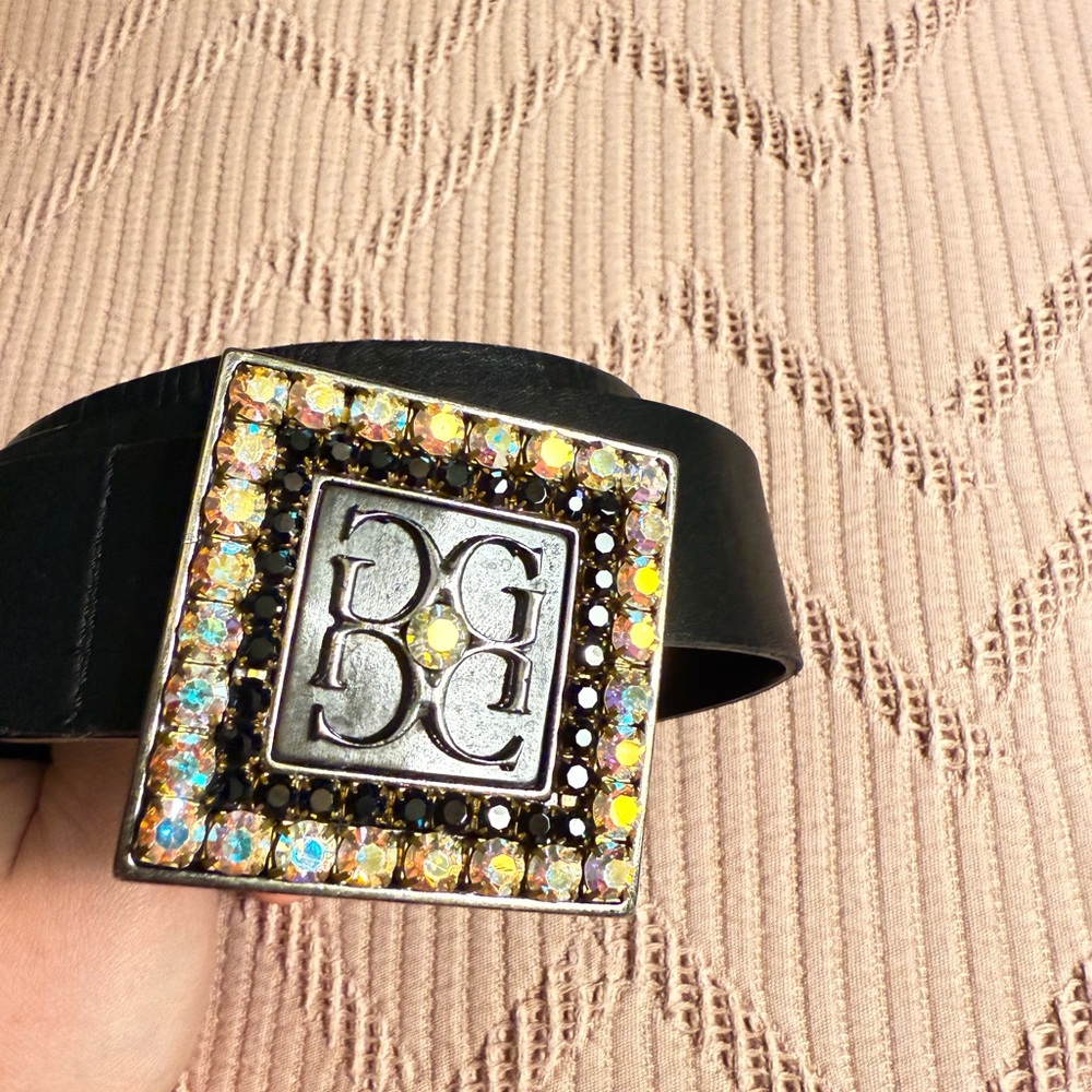 Gizia Vintage Black Leather Belt with Crystal-Embellished Buckle -Size M